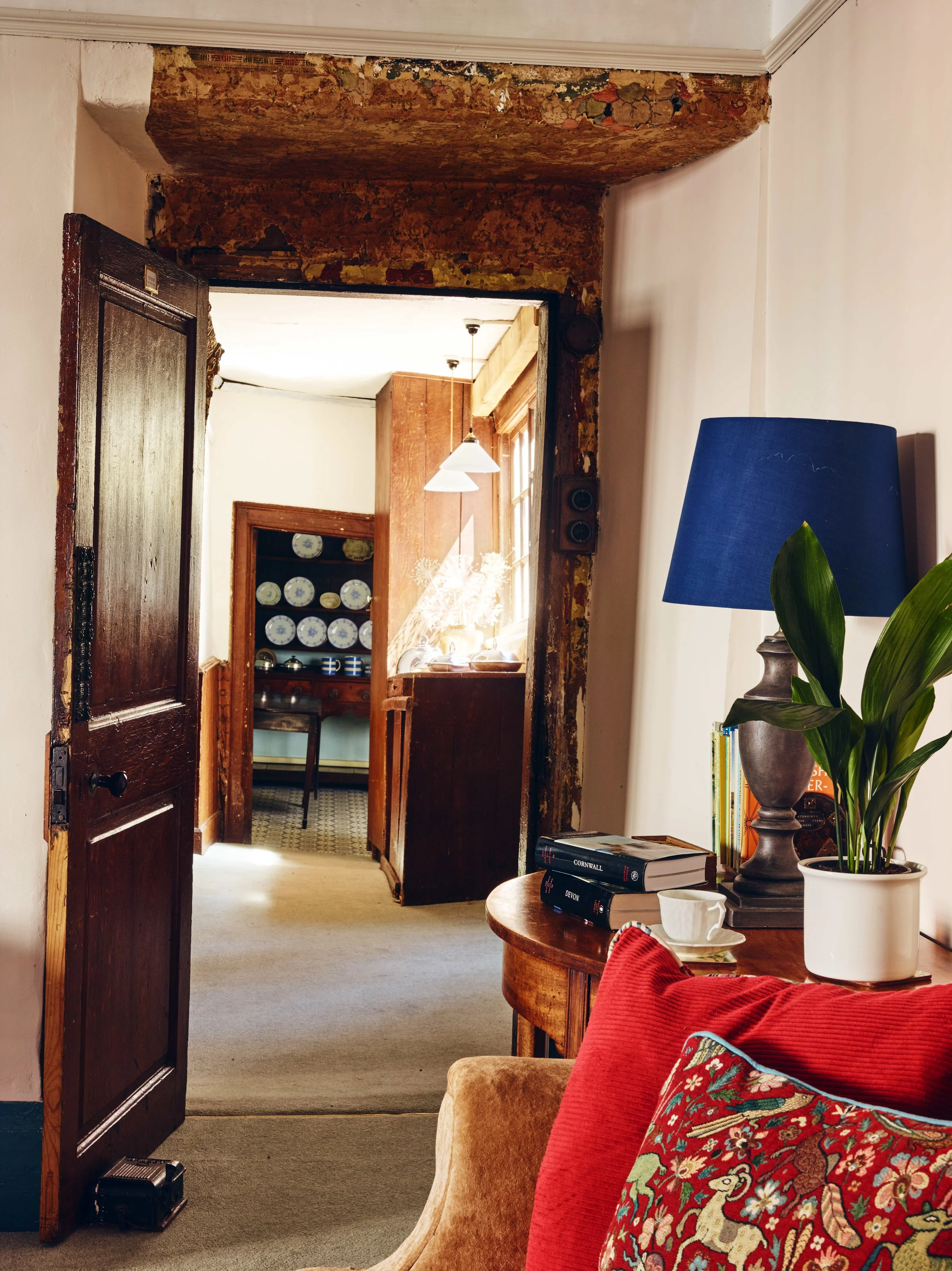 Interior view of a living room with a side table that has books, a plant, a lamp with a blue shade, a cup, and a pillow with a floral and animal pattern. In the background, there is an open doorway showing another room with a display of plates on she