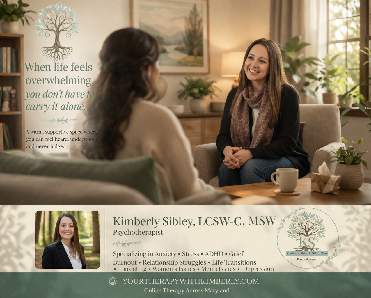 A therapy session with a woman in a beige sweater and a woman in a black jacket with a scarf sitting on a couch. The room has warm lighting, plants, and a painting on the wall.