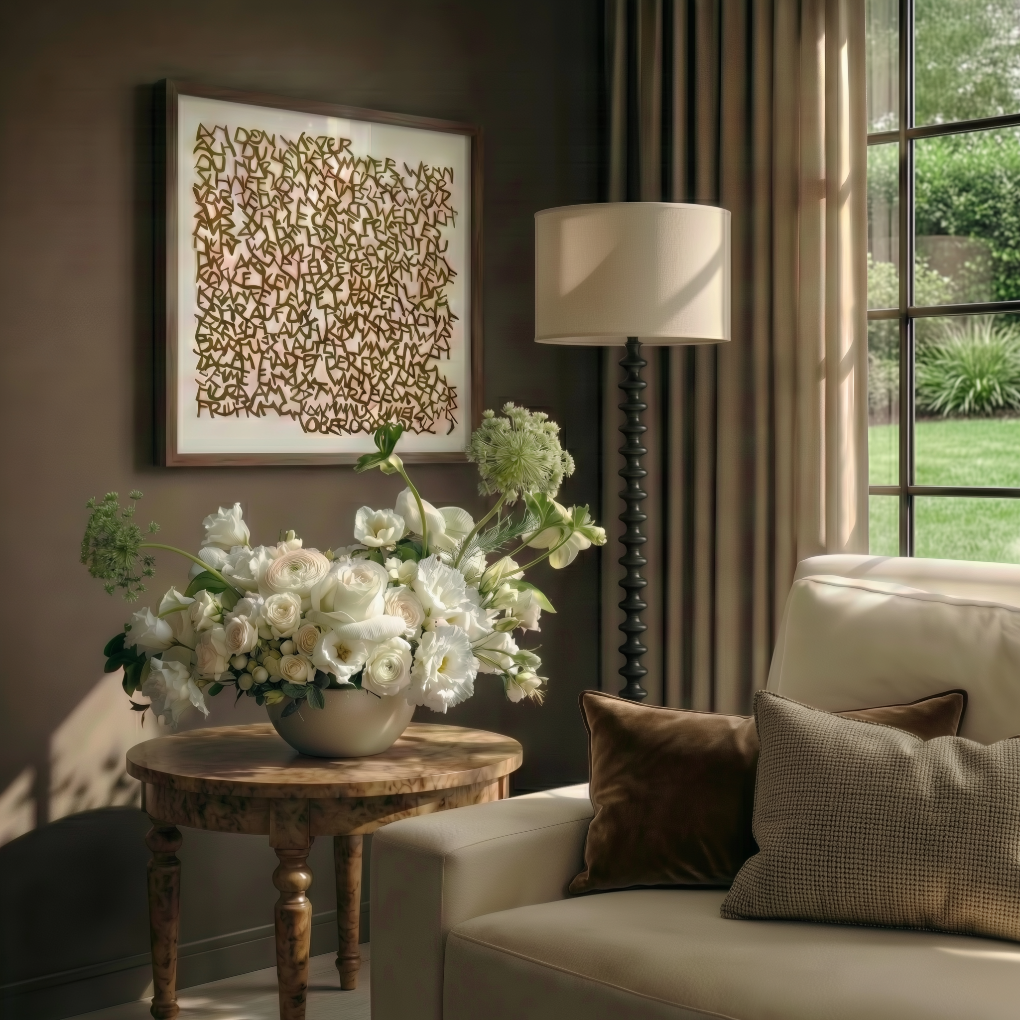 Interior design vignette featuring a round burl wood side table displaying a lush white floral arrangement of roses and ranunculus. A tall black bobbin floor lamp stands in the corner against a dark, moody taupe wall, positioned between framed abstra