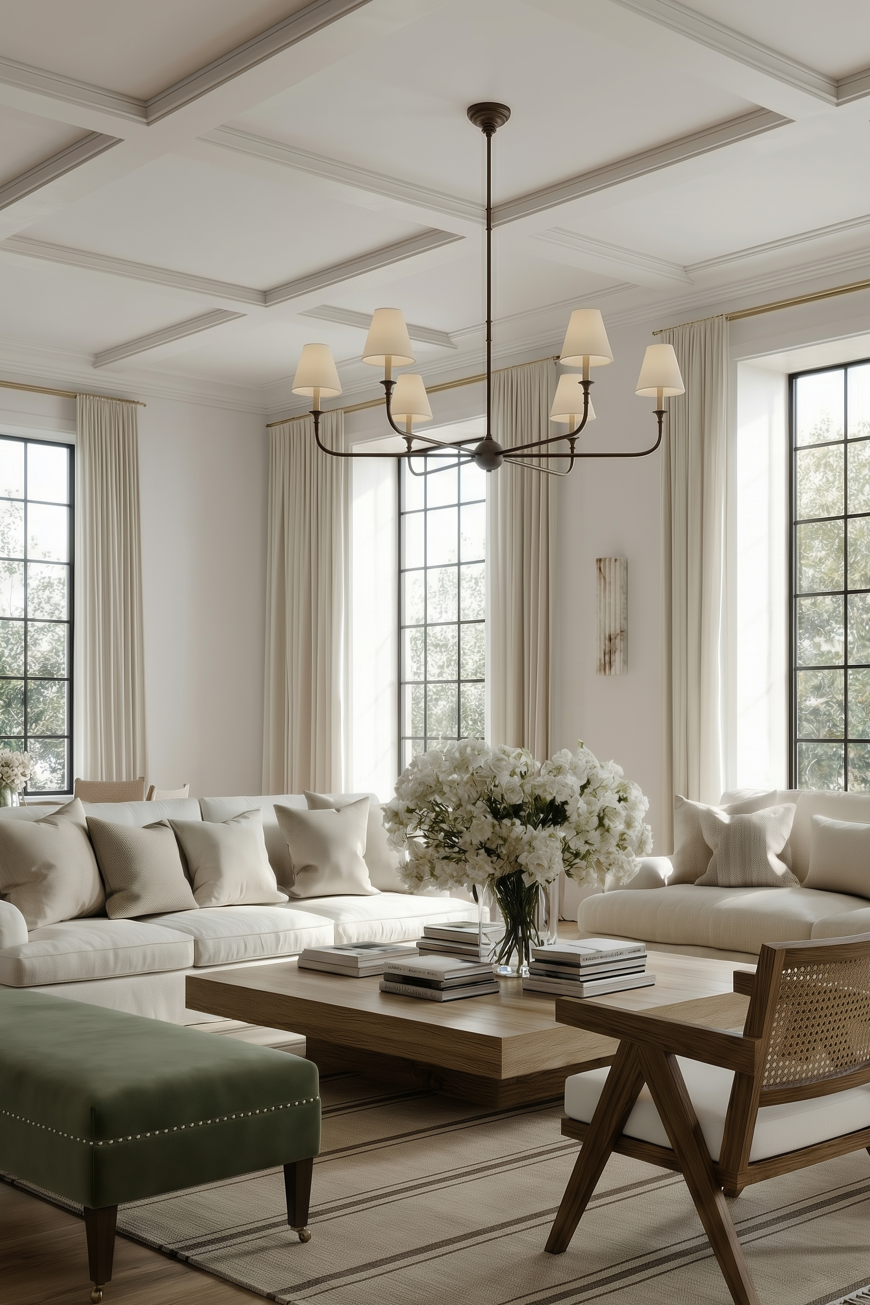 A living room with white sofas, a wooden coffee table, a green upholstered ottoman, a wooden chair, large windows with cream curtains, a chandelier with multiple lamps, and a floral arrangement on the coffee table.