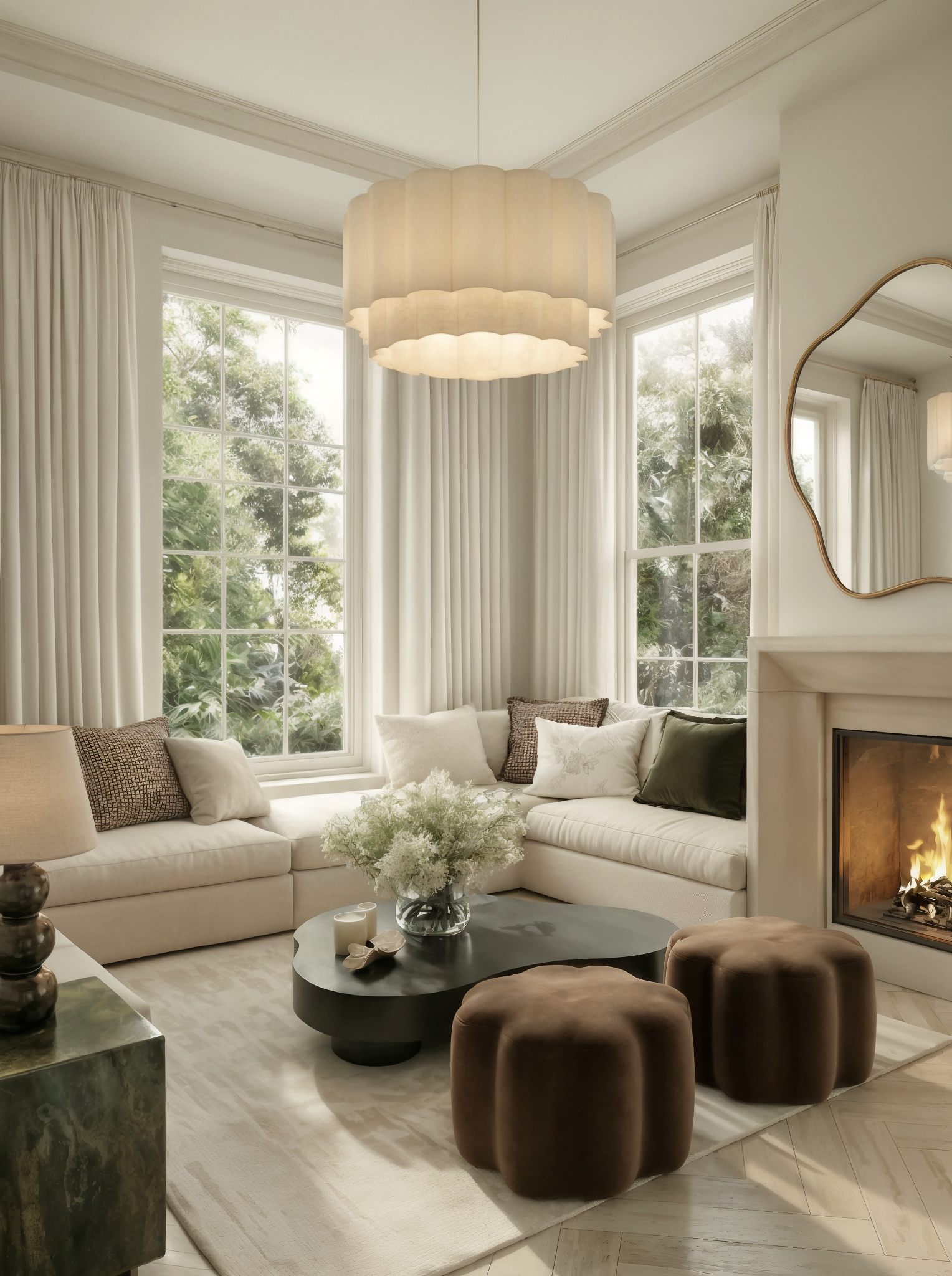Cozy living room corner featuring a large scalloped fabric pendant light, organic shaped coffee table, and brown velvet poufs.