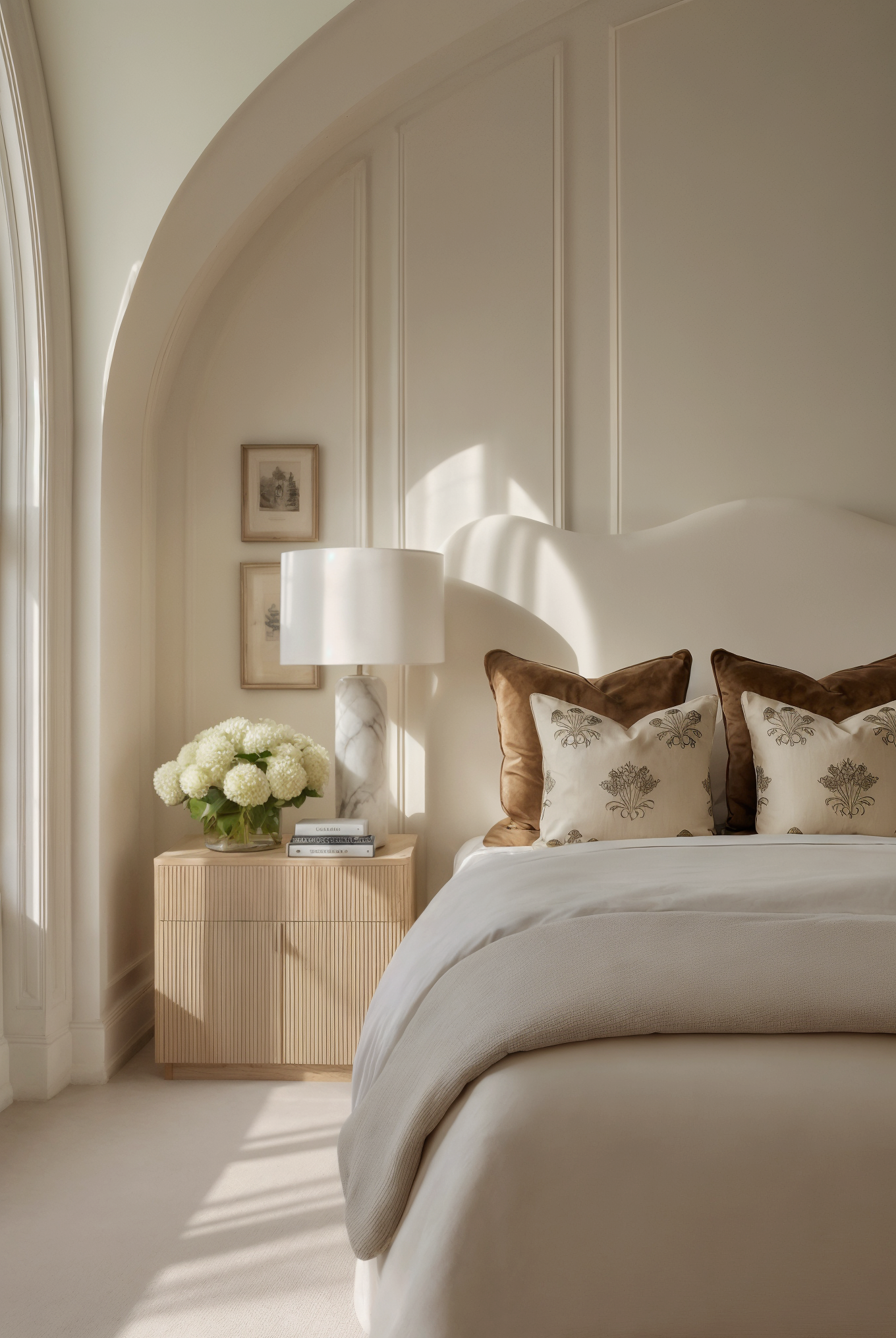 Detail of a quiet luxury bedroom with architectural arch moulding, a fluted wood nightstand, and a marble table lamp.
