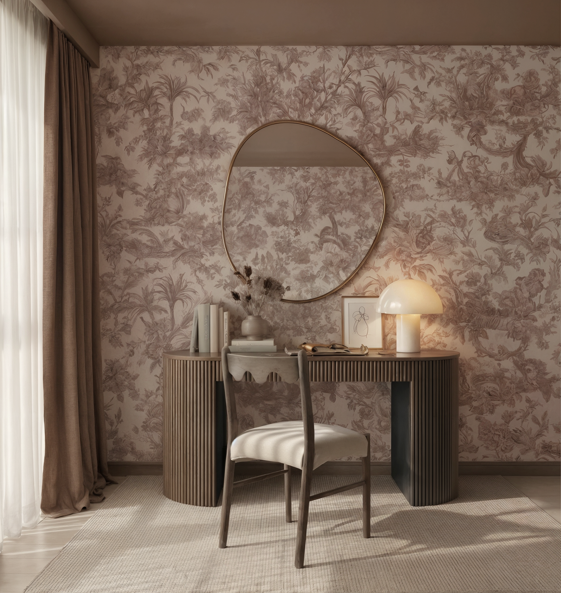 Home workspace nook featuring dusty pink floral wallpaper, a fluted wood desk, and an organic-shaped brass mirror.