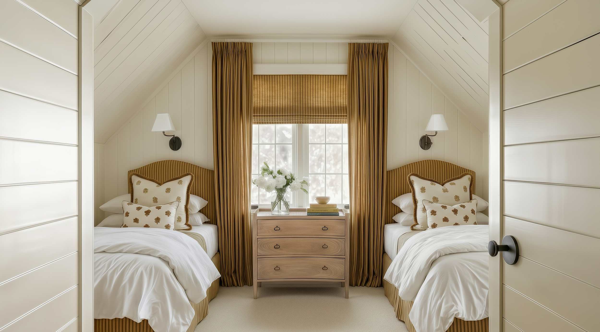 Symmetrical modern farmhouse twin bedroom with cream shiplap walls, mustard tan upholstered headboards, and oak chest of drawers.