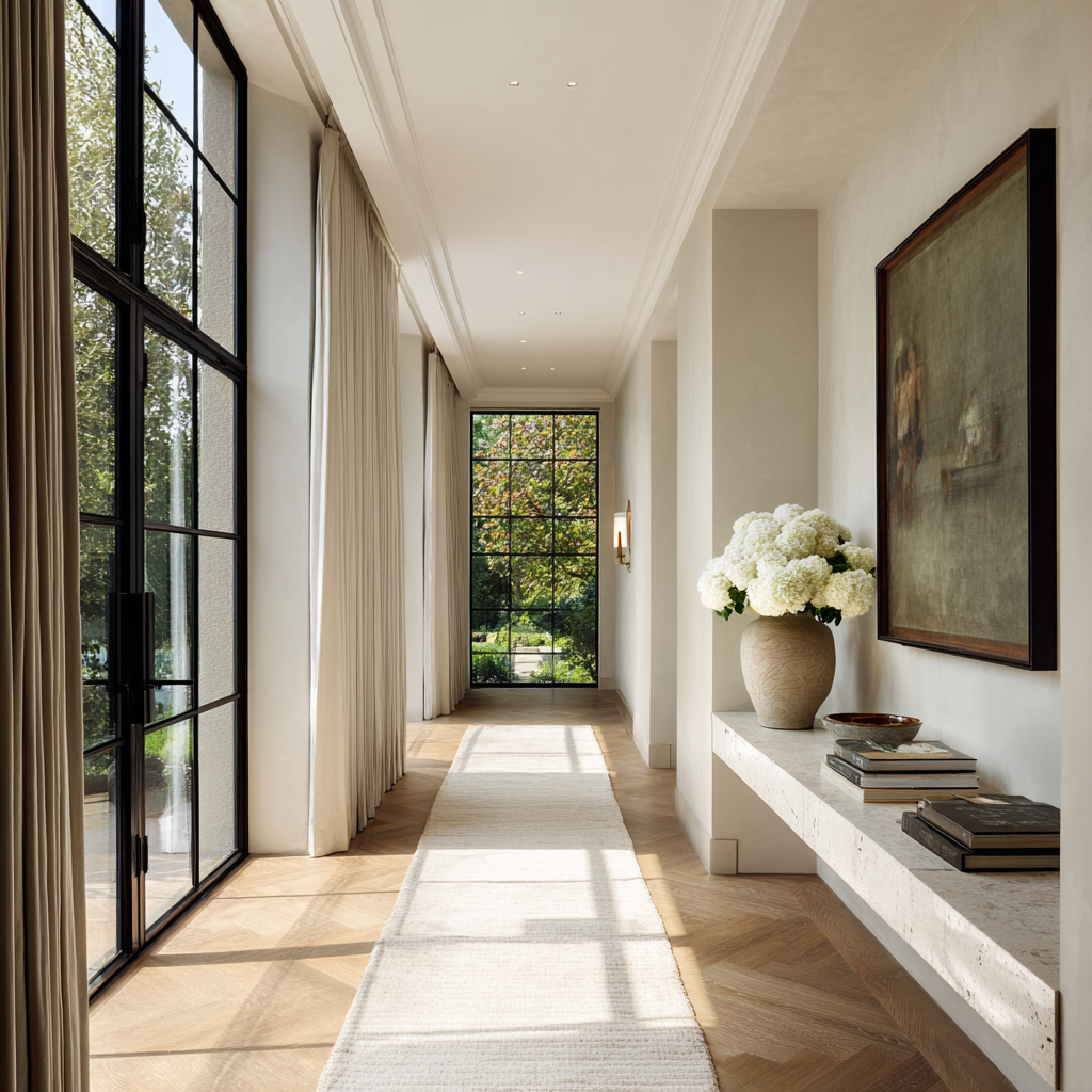 Sun-drenched hallway with floor-to-ceiling steel framed windows, a floating stone console shelf, and light oak herringbone flooring.