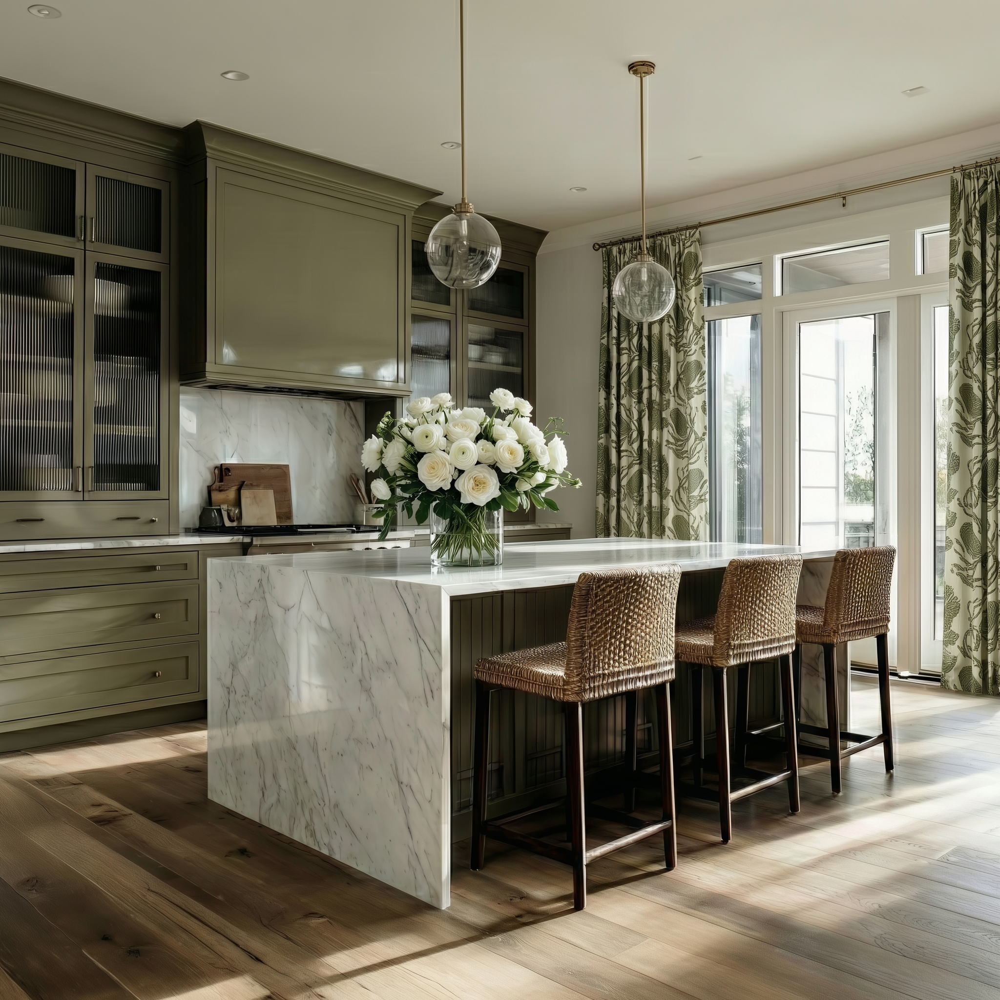 Modern farmhouse kitchen with olive green cabinets, a statement marble waterfall island, and woven bar stools for texture.