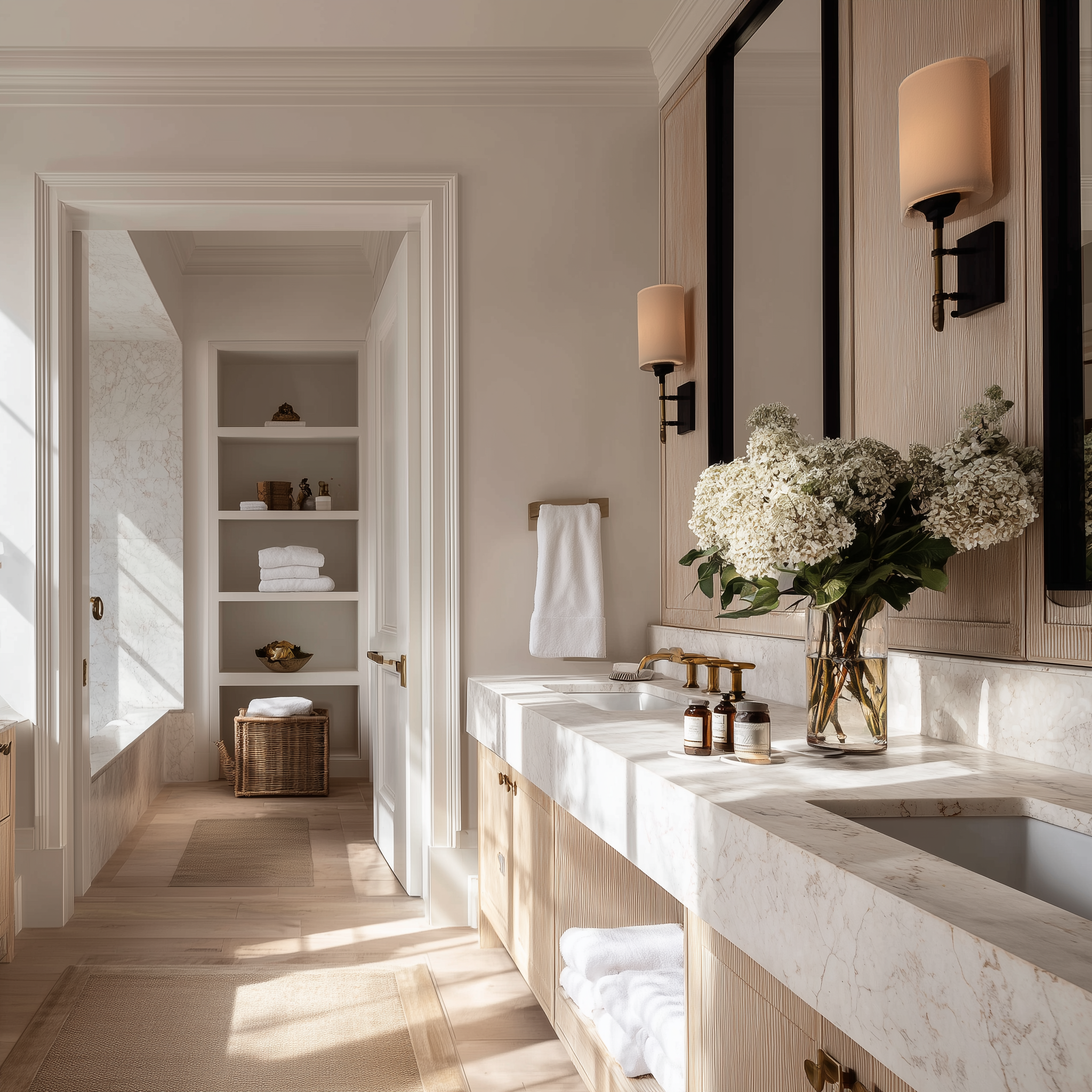 Spa-like master bathroom vanity in light reeded wood with marble countertops, brass hardware, and recessed open shelving.