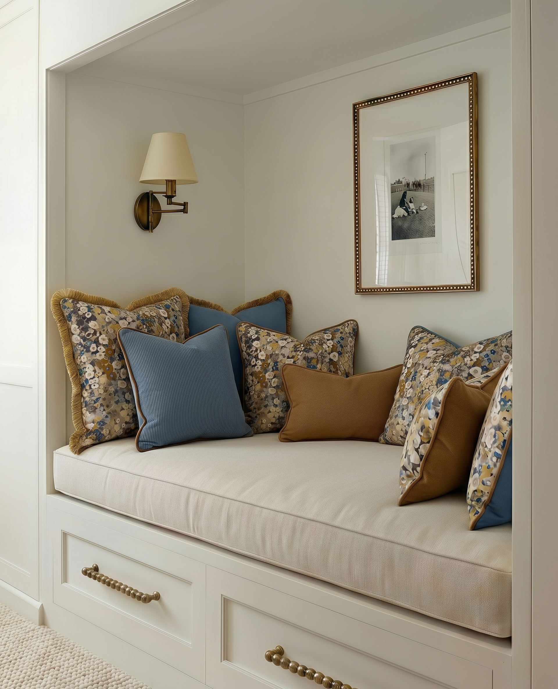Built-in window seat alcove with shaker-style storage drawers, antique brass hardware, and layered patterned cushions in a reading nook.