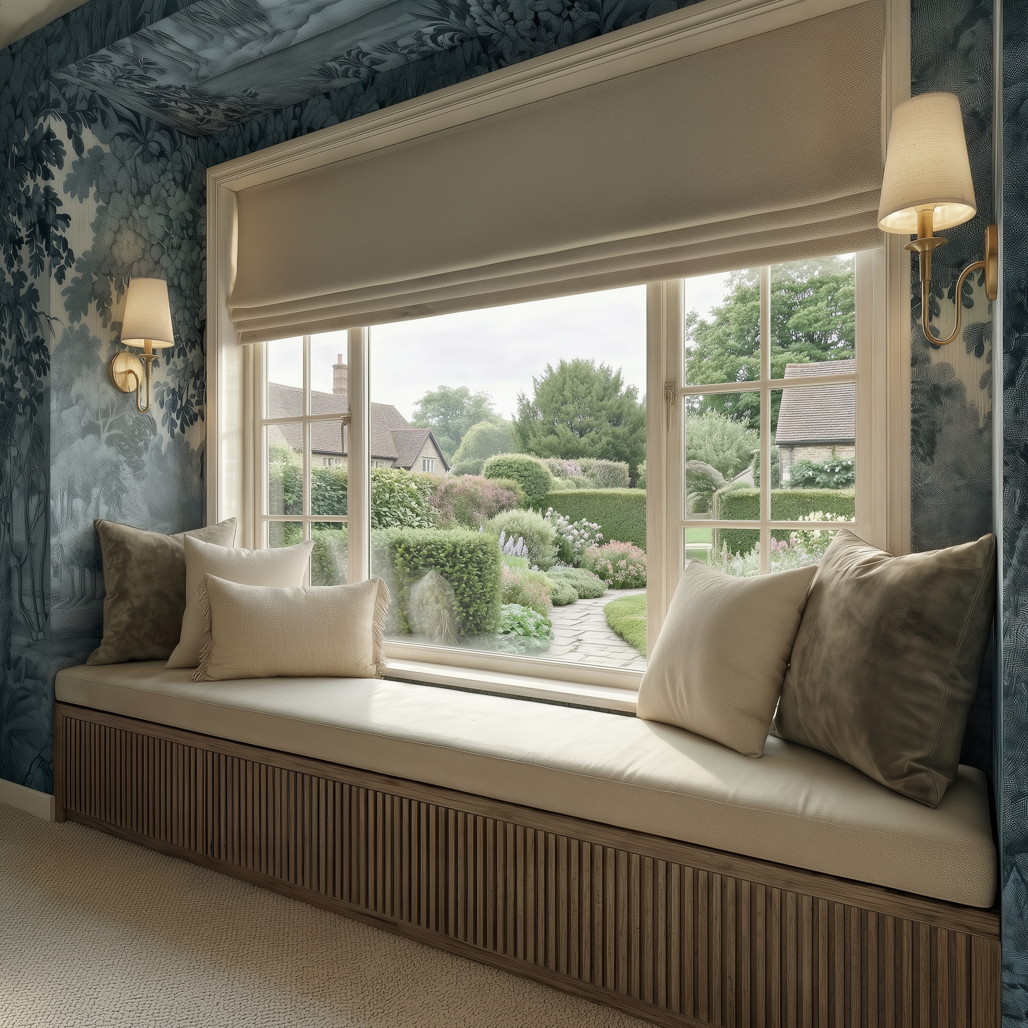 Large bay window seat with slatted wood joinery, blue scenic wallpaper, and brass wall lights overlooking a country garden.