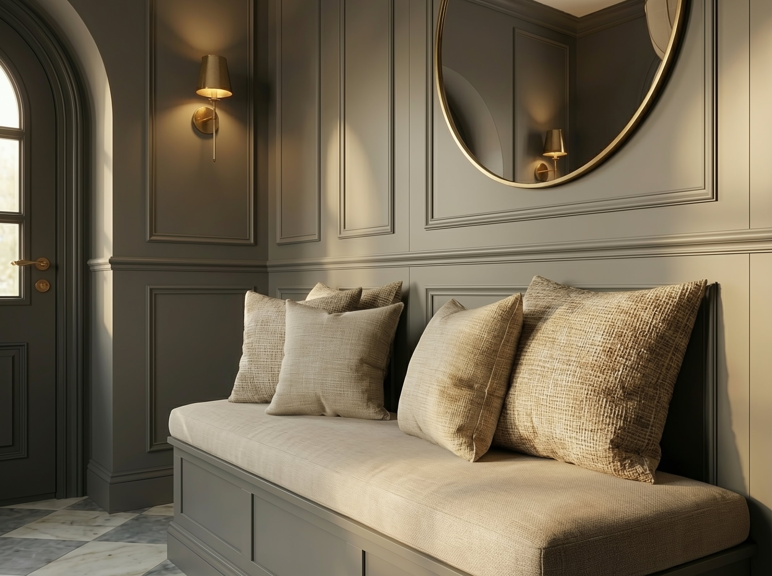 Moody entryway design featuring charcoal grey wall paneling, a built-in upholstered bench with textured linen cushions, and a round brass mirror.