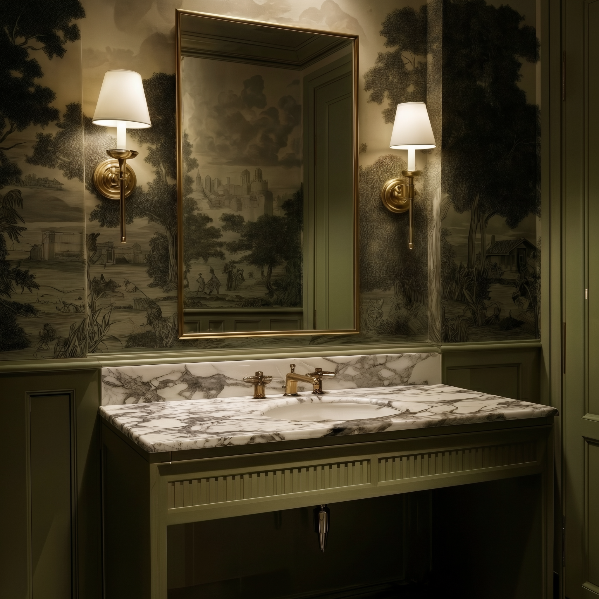 Luxury powder room featuring an olive green ribbed vanity unit, heavy-veined marble countertop, brass faucets, and scenic mural wallpaper.
