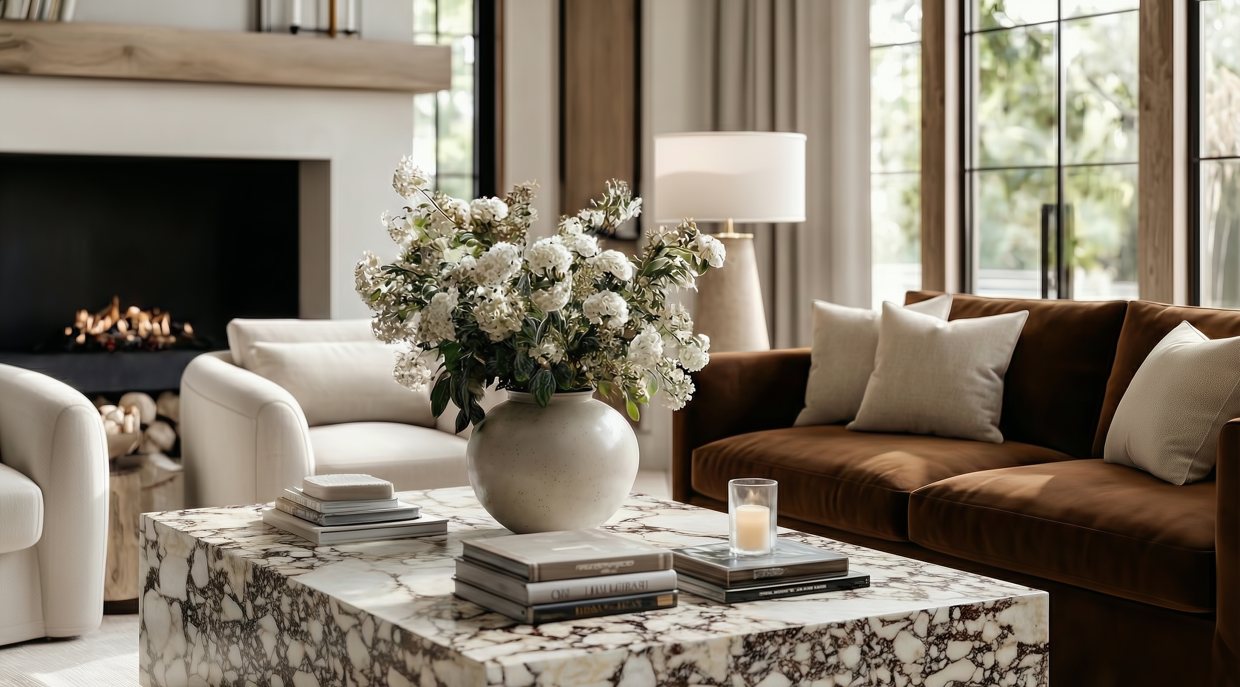 Statement marble plinth coffee table paired with a rust velvet sofa and earthy textures in a luxury living space. Bespoke interior design.