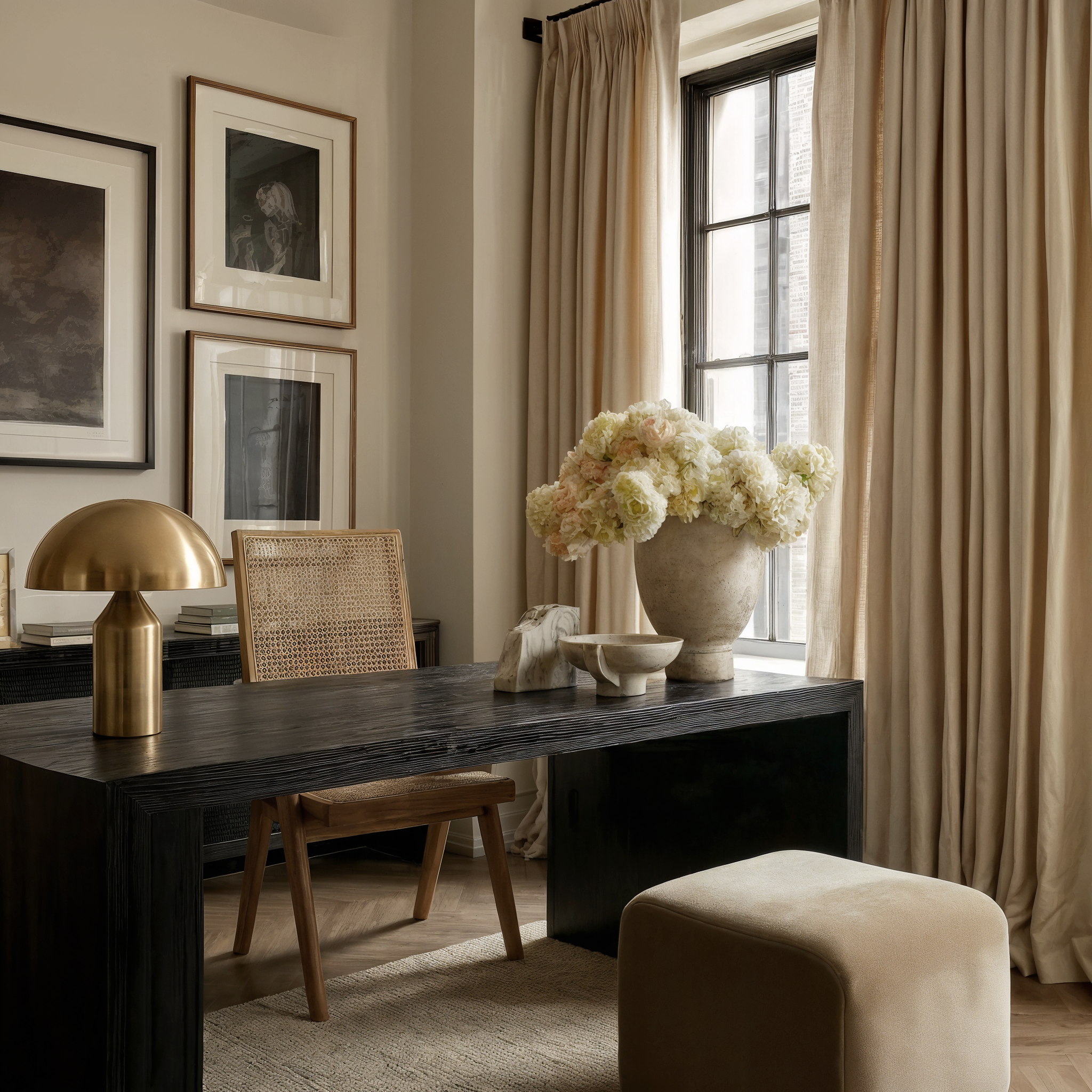 Quiet luxury home office in North Yorkshire featuring a textured black wood desk, brass mushroom lamp, and cane desk chair.