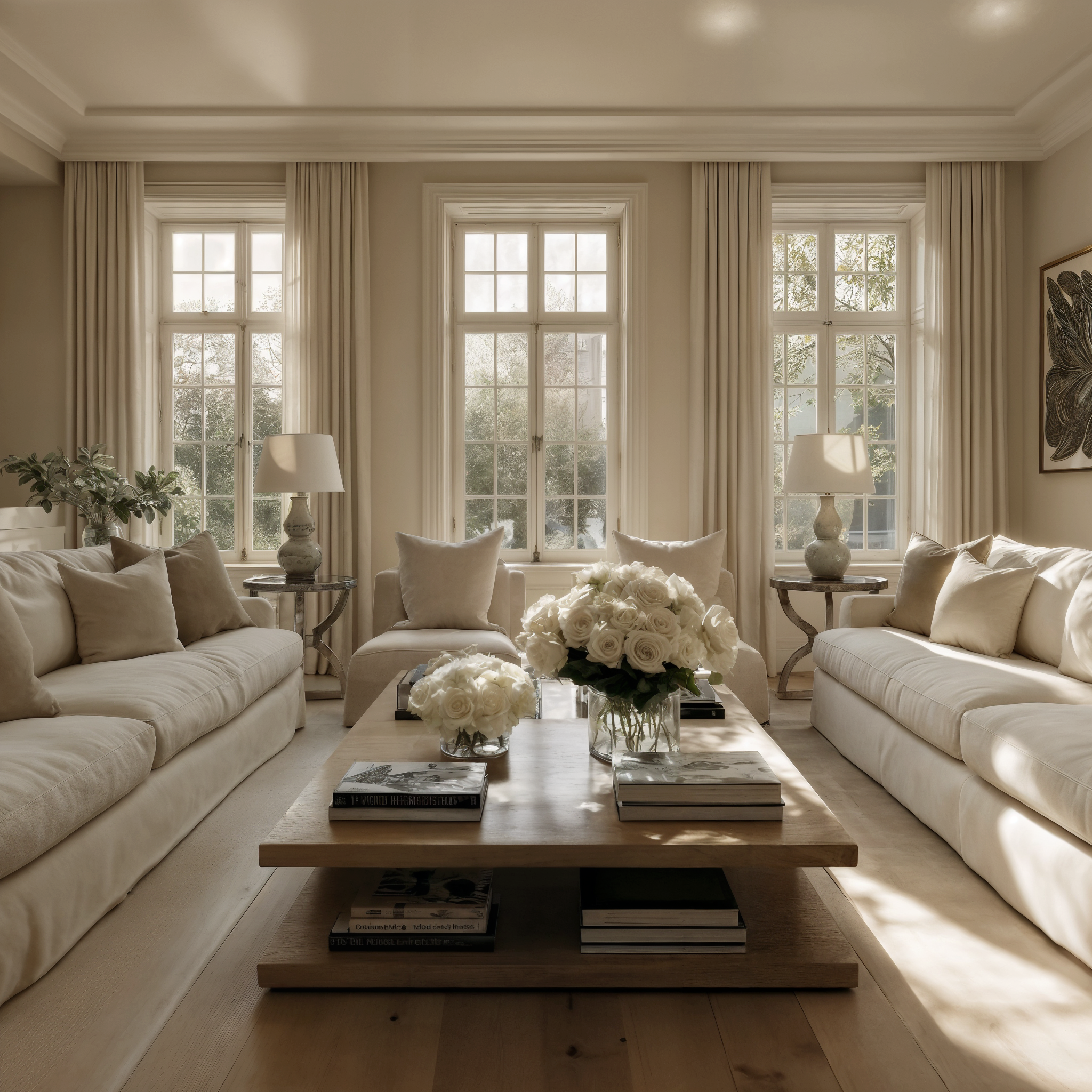 Symmetrical luxury living room in Harrogate featuring facing white linen sofas, a large wooden coffee table, and tall sash windows letting in natural light.