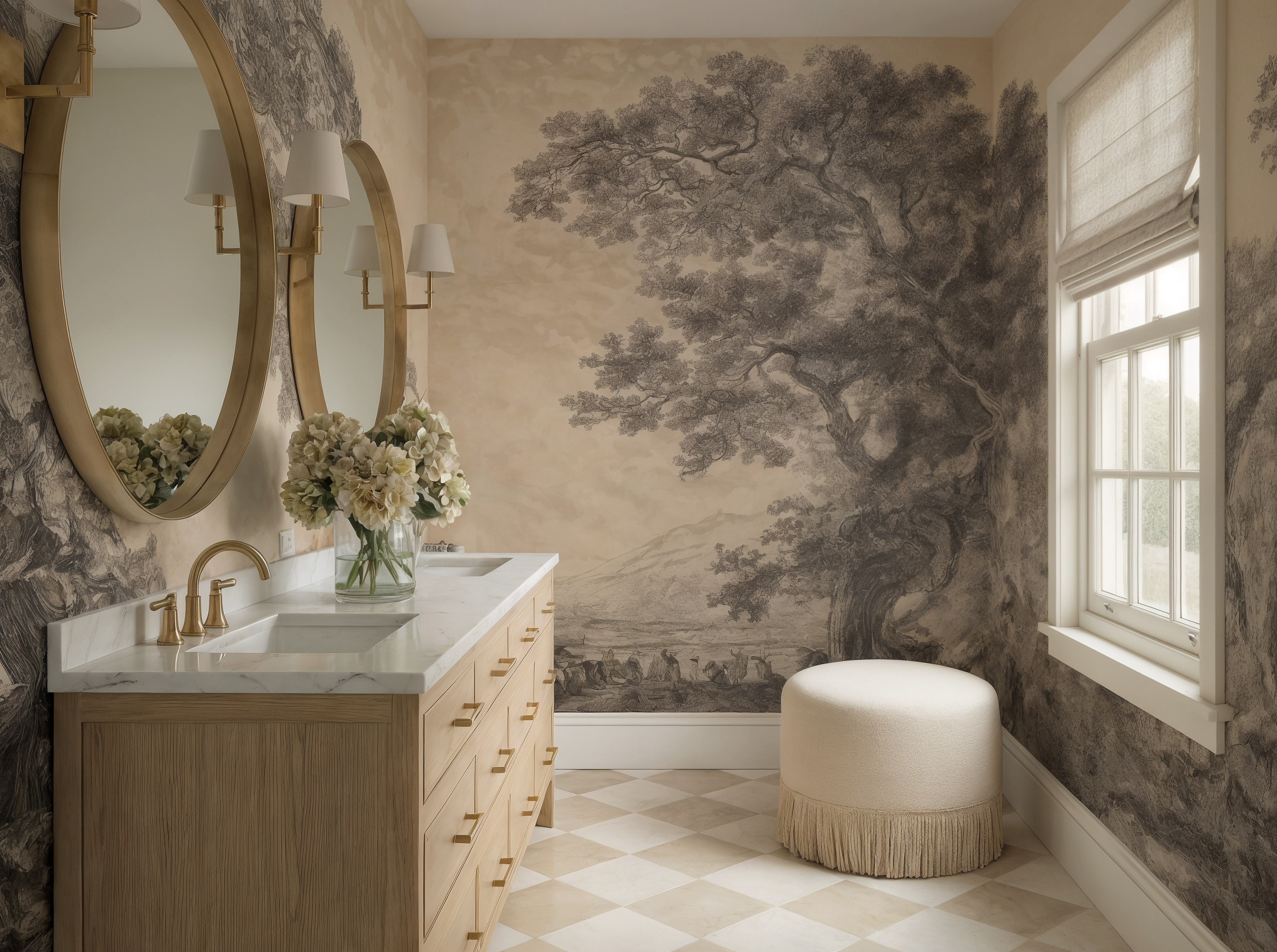 Elegant bathroom design featuring sepia scenic mural wallpaper, a light oak double vanity with marble top, and brass round mirrors.