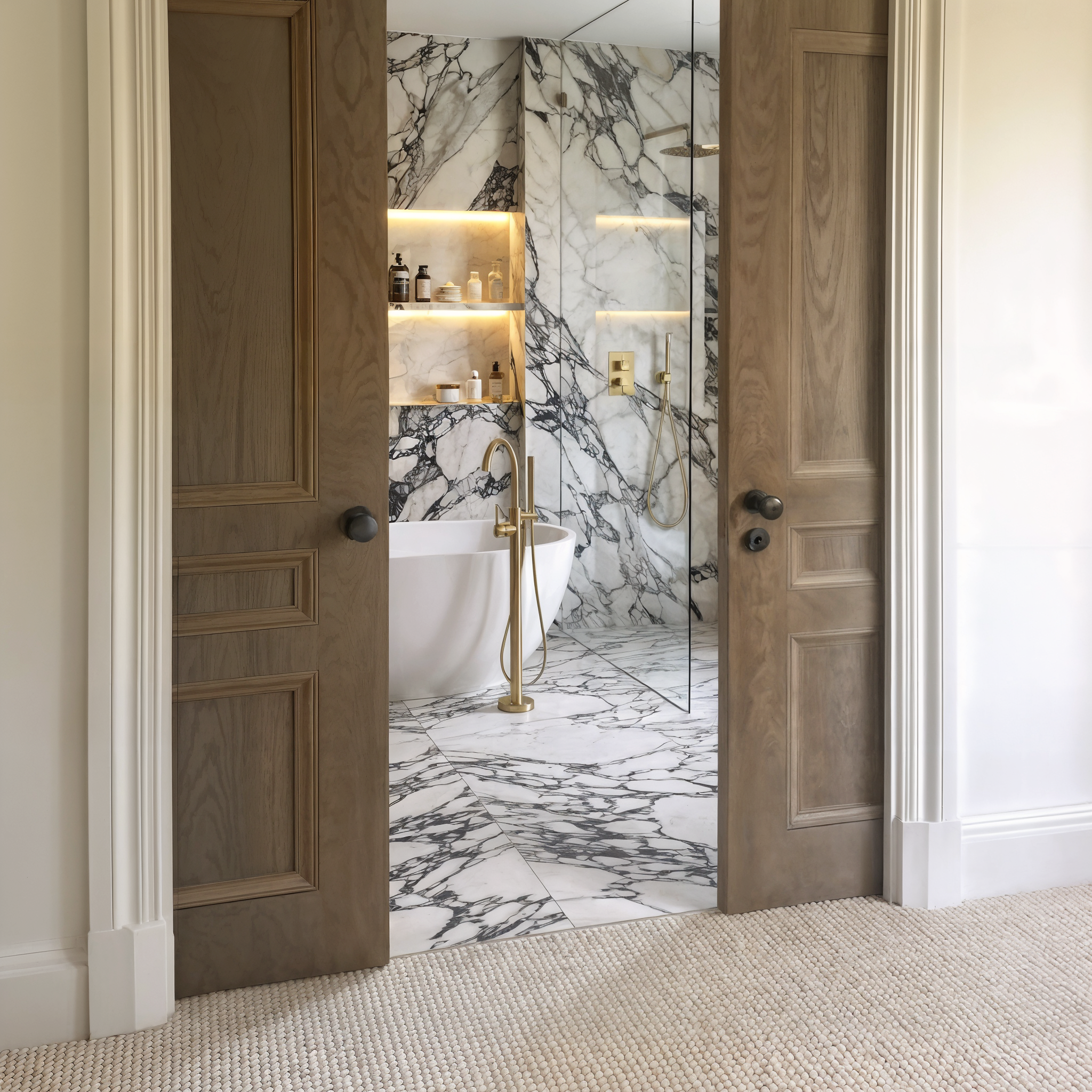 Luxury calacatta marble ensuite bathroom reveal through double oak doors, featuring heavy-veined marble walls, a freestanding tub, and brass floor-mounted hardware.