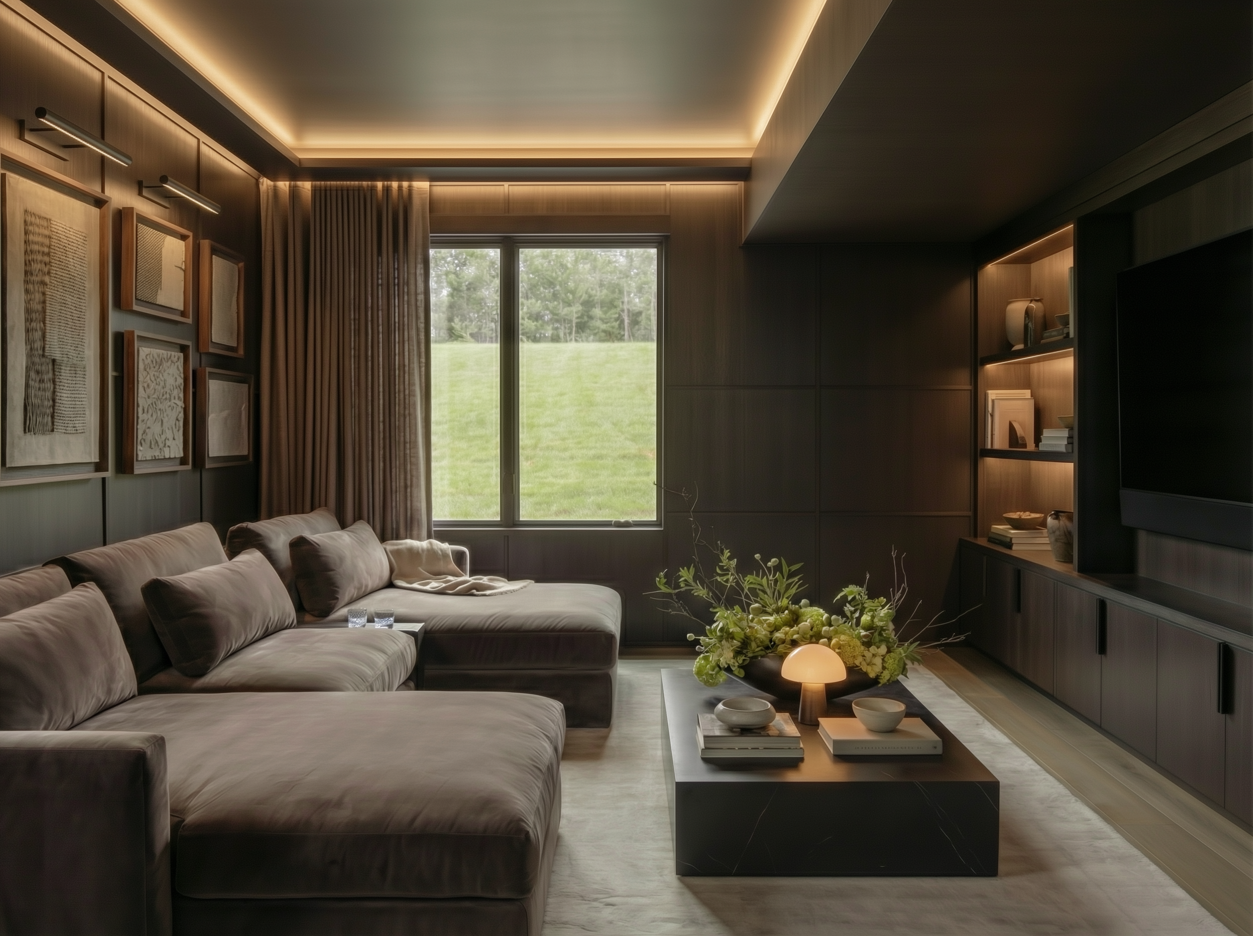 Mood lighting in a cozy media room with dark walnut wood paneling, a large velvet sectional sofa, and integrated shelving for a curated, lived-in look.