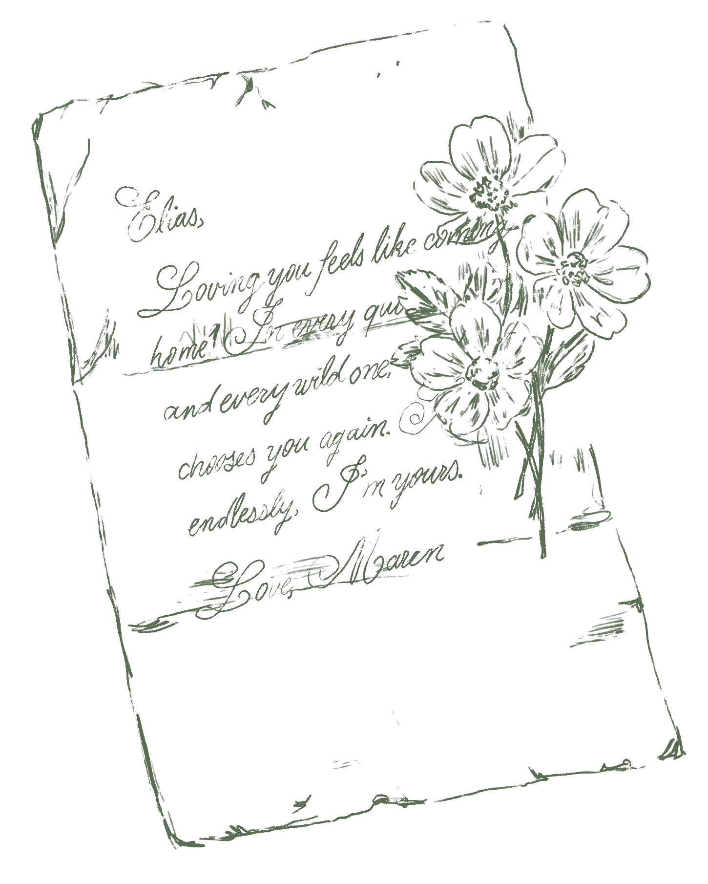 A handwritten note on a dark background with a drawing of flowers and a quote about loving feeds like art. The quote reads: "Elias, Loving you feeds like art from homemade art, each one and every wild one. Choses you again endearingly. I'm yours."