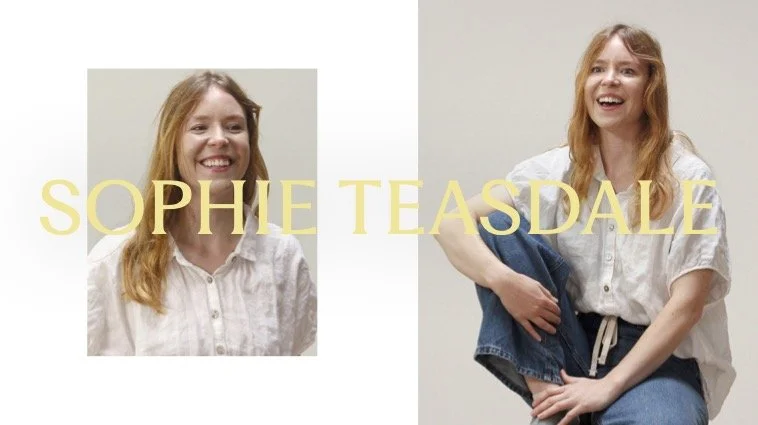 Photo of a red-haired woman smiling, with her name 'Sophie Teasdale' written across the image, featuring a smaller inset of her face and a larger image of her sitting and smiling.