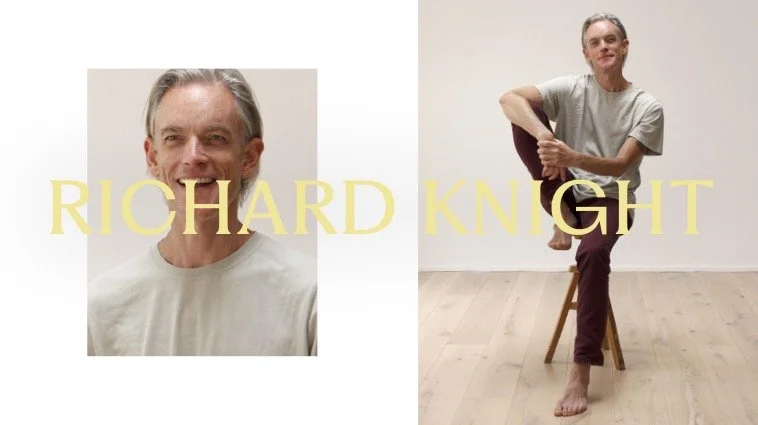 Split image of an older man with gray hair in a plain shirt, smiling, on the left; on the right, the same man sitting on a wooden chair barefoot, with one leg crossed over the other, in a relaxed pose, against a blank wall. Overlay text in yellow reads "RICHARD KNIGHT".