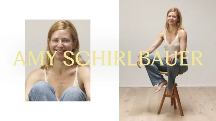 A composite image of a woman with shoulder-length red hair smiling, wearing a white tank top and jeans. The left side features her close-up portrait with the text "AMY SCHIRLBAUER" in large yellow font across the middle.