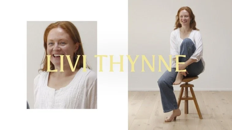A split image of a woman with red hair, smiling and wearing a white blouse and blue jeans. The left side shows her close-up, and the right side shows her sitting on a wooden stool with one leg crossed over the other. The words LIVI THYNNE are written in large yellow letters across both images.