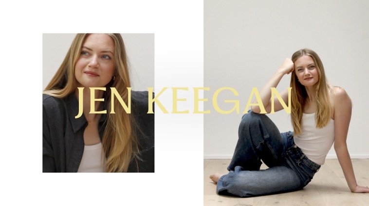 Photograph of a young woman with long blonde hair, wearing casual clothing, posed against a plain background. The text 'JEN KEEGAN' appears over the image.