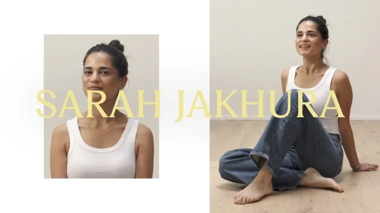 Side-by-side photos of a woman with dark hair in a bun, wearing a white tank top, smiling in different poses, with text overlay 'Sarah Jakhura' in large yellow letters.