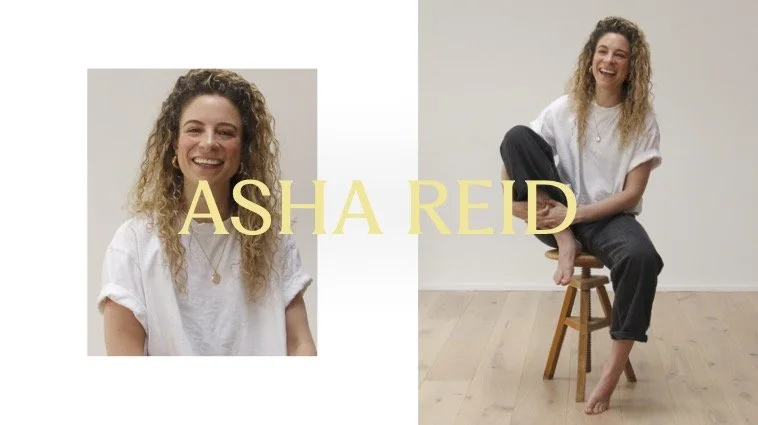 A collage of two photos of Asha Reid smiling, with her name in large yellow text across the center. The left photo shows her from the shoulders up, and the right photo shows her sitting on a wooden stool, barefoot, in a casual outfit.