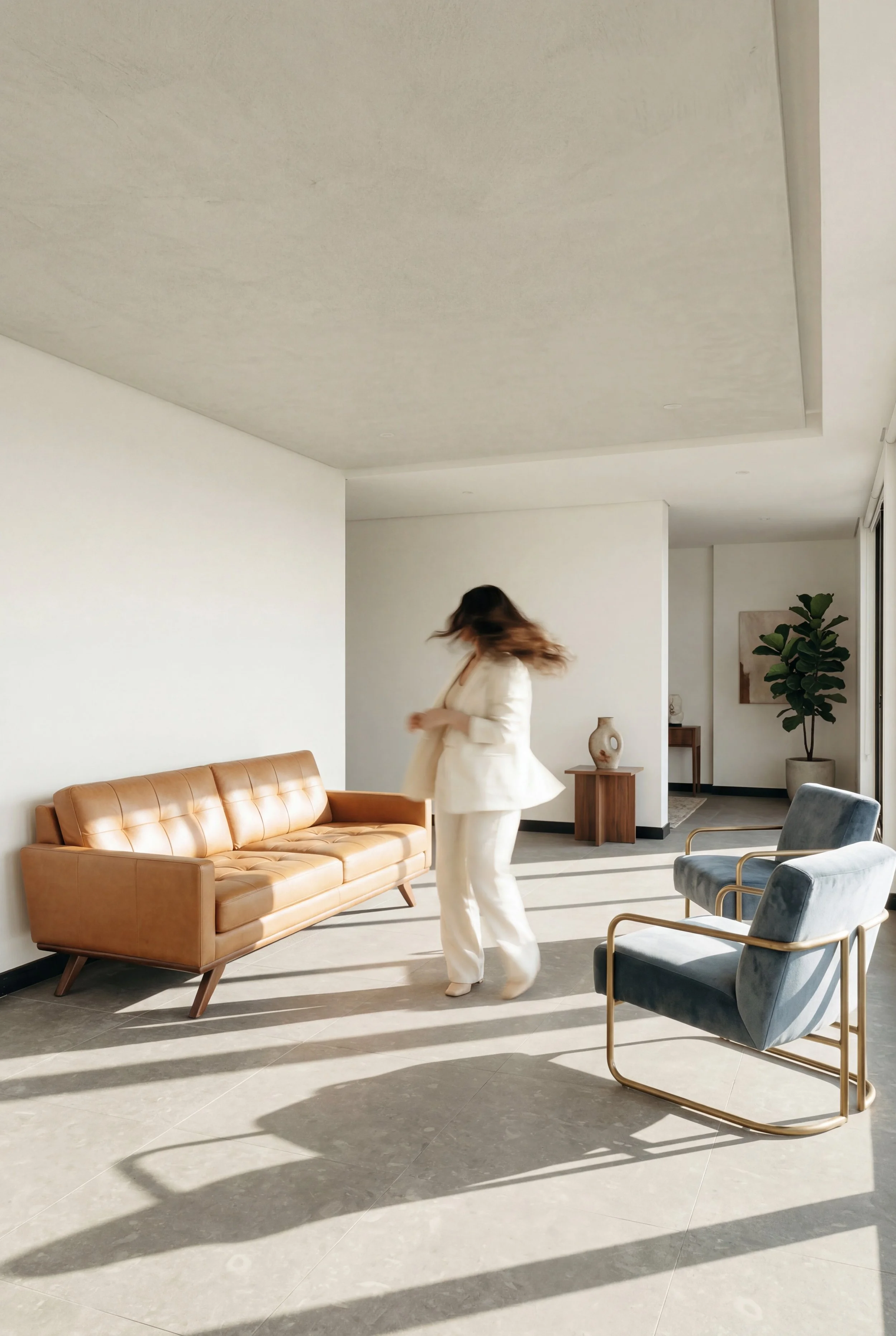 A modern living room with a tan leather sofa, a woman in white walking, blue velvet armchairs, a small wooden side table with a sculpture, a large potted plant, and artwork on the wall, illuminated by sunlight.