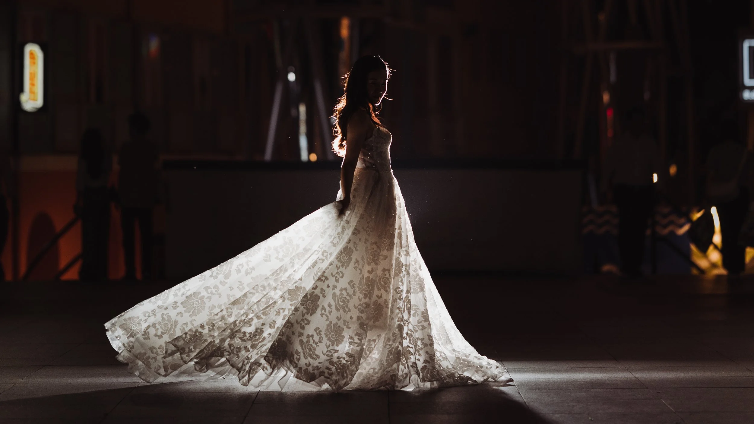 Silhouette of a woman in a wedding dress standing in a dimly lit space, backlit highlighting the dress's lace pattern and flowing train.