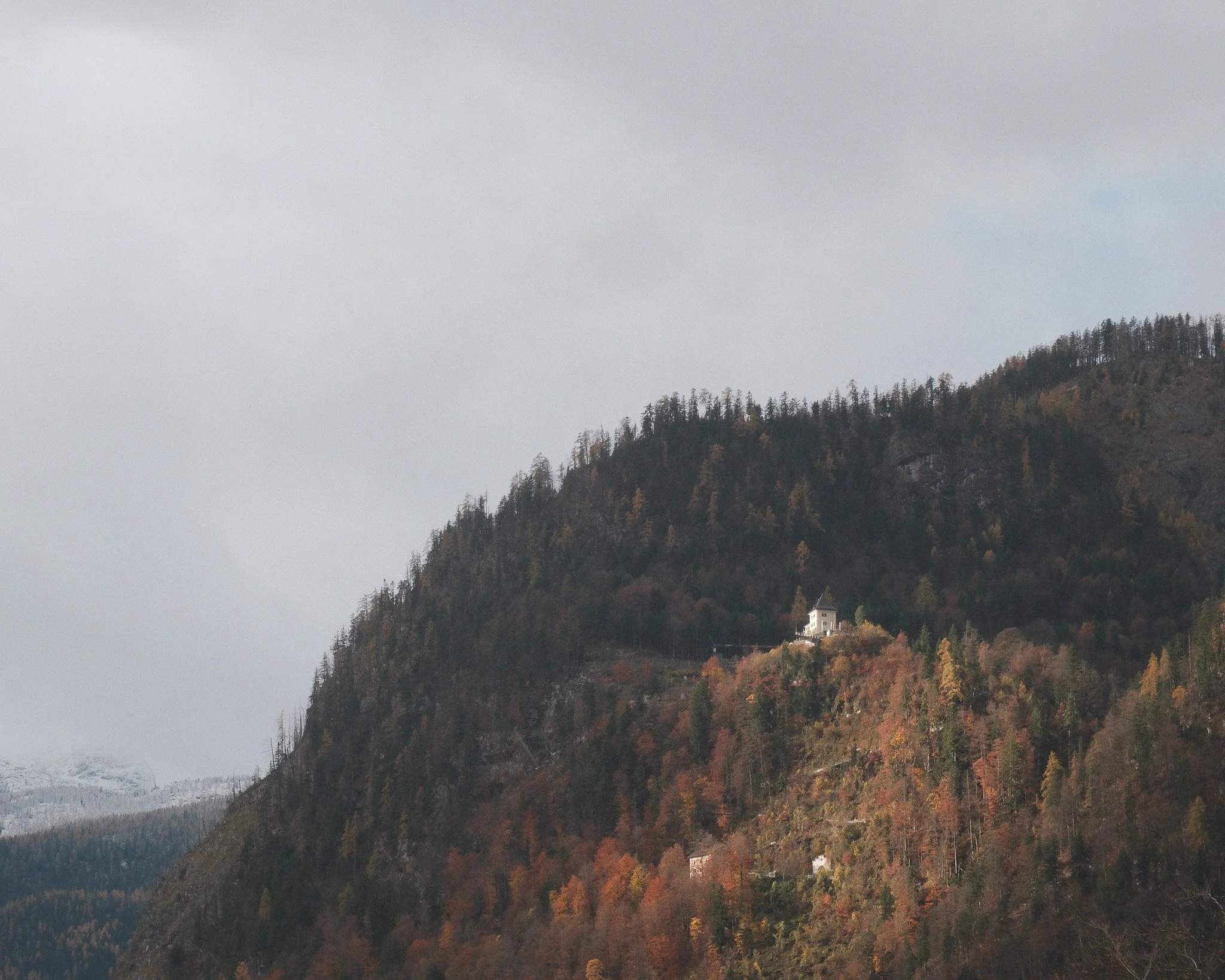 A large mountainside with a forest of trees in various shades of fall colors, and a small white church near the middle of the slope.