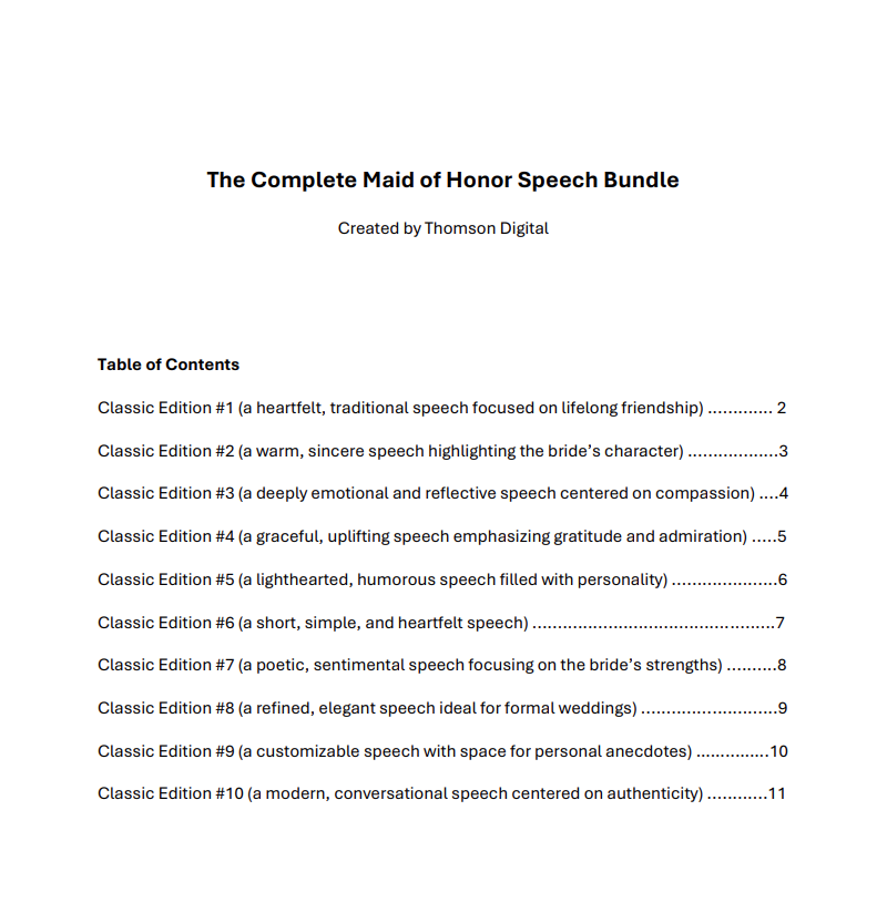 The Complete Maid of Honor Speech Bundle_Image_Table of contents.png