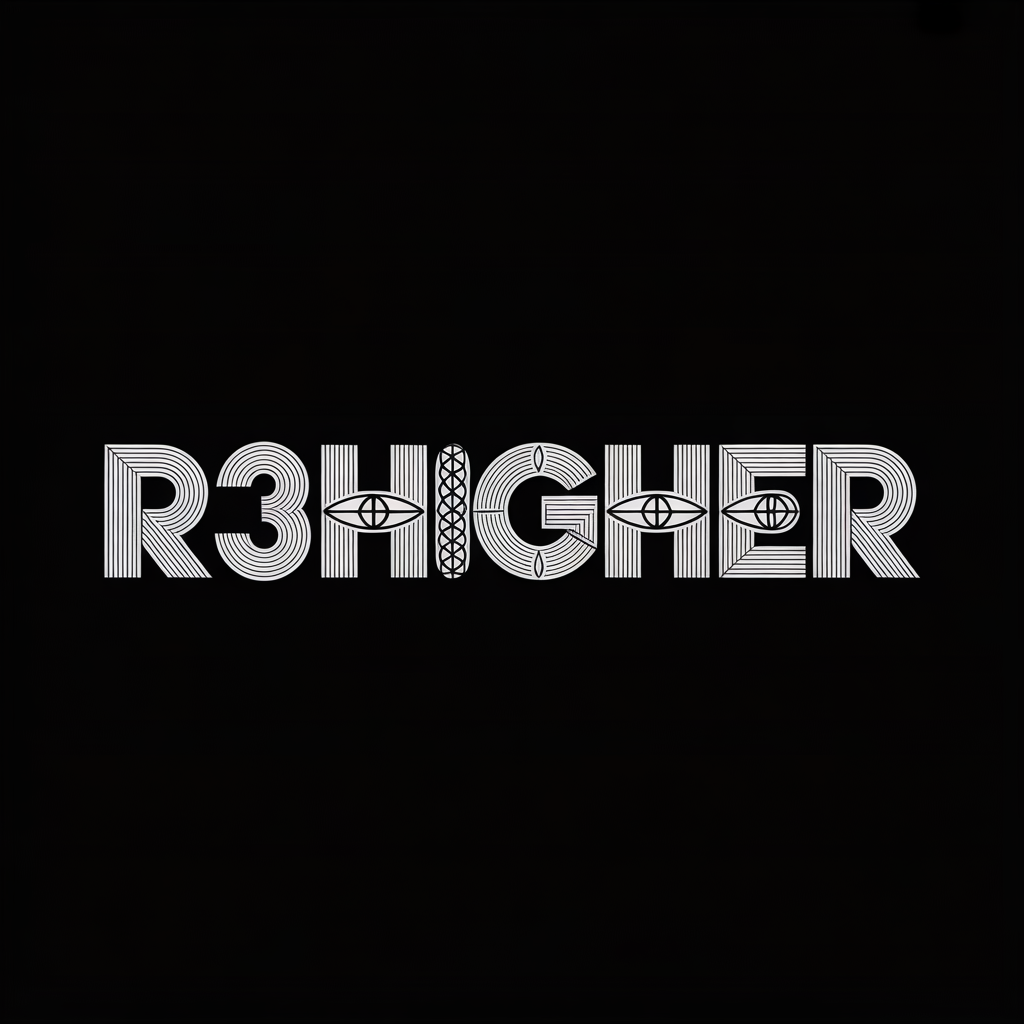 Stylized black and white text that reads 'R3HGH3R' with geometric design elements and eye-like symbols between the letters