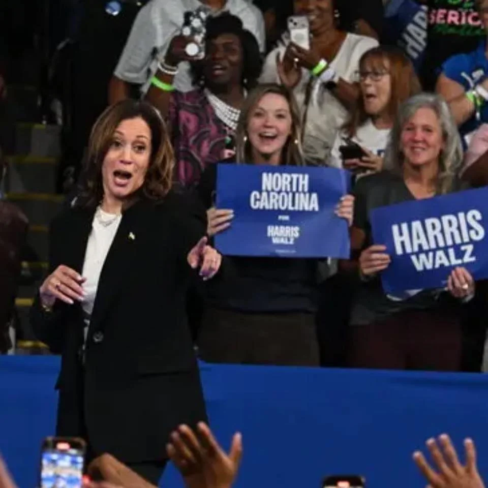 Photo of a woman at a political rally holding a North Carolina campaign sign for Harris and Walz; she is smiling, and there are several other smiling and cheering individuals holding campaign signs in the background.