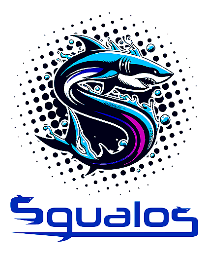 Logo de un tiburon en una s, estilizada en tonos azules y morados, rodeada de burbujas, y la palabra 'Squalos' en la parte inferior, que pertence al equipo squalos de queretaro.
