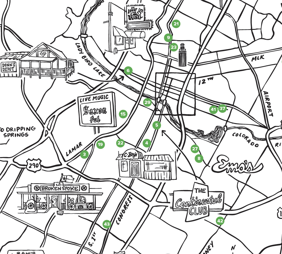 A black and white illustrated map of Austin, Texas, highlighting landmarks, venues, and neighborhoods, including the Saxon Pub, Broken Spoke, and The Continental Club.