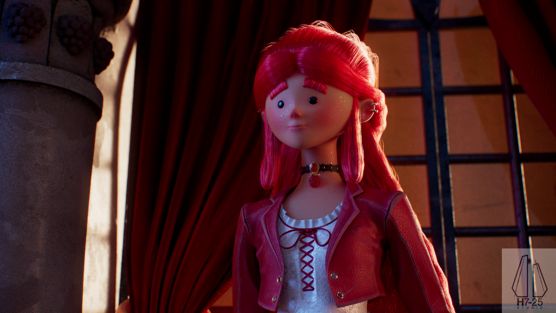 Una bambola con capelli rossi e vestiti rosa, in un ambiente con tende rosse e una finestra con grate.