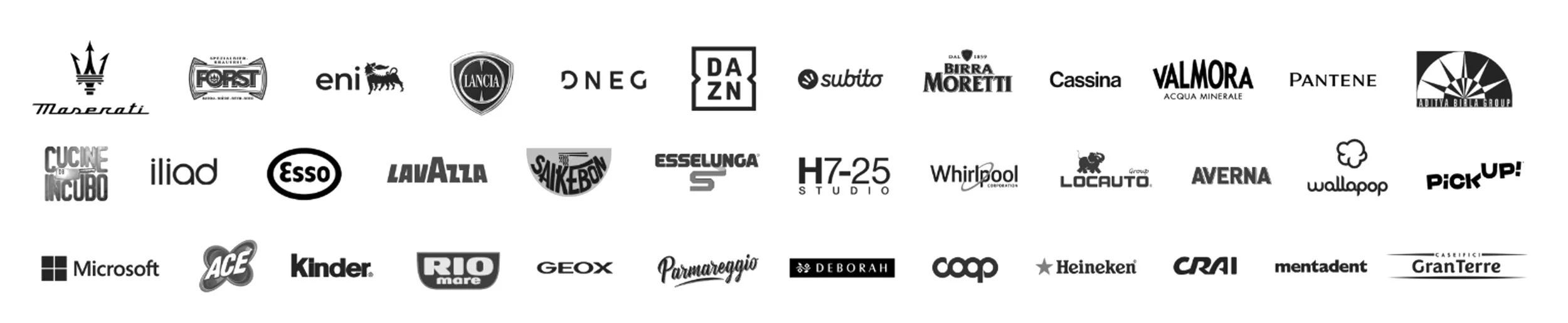 Sequenza di loghi di varie aziende e marchi in bianco e nero, tra cui Maserati, Forst, eni, Lancia, DNeg, DAZN, Durex, Birra Moretti, Cassina, Valmora, Pantene, Aditya Birla Group, Cucine Incubo, Iliad, Esso, Lavazza, Saikebon, Esselunga, Whirlpool, Locauto, Averna, Wallapop, Pickup!, Microsoft, ACE, Kinder, Rio Mare, Geox, Parmareggio, Deborah, Coop, Heineken, CRAI, Mentadent, GranTerre.