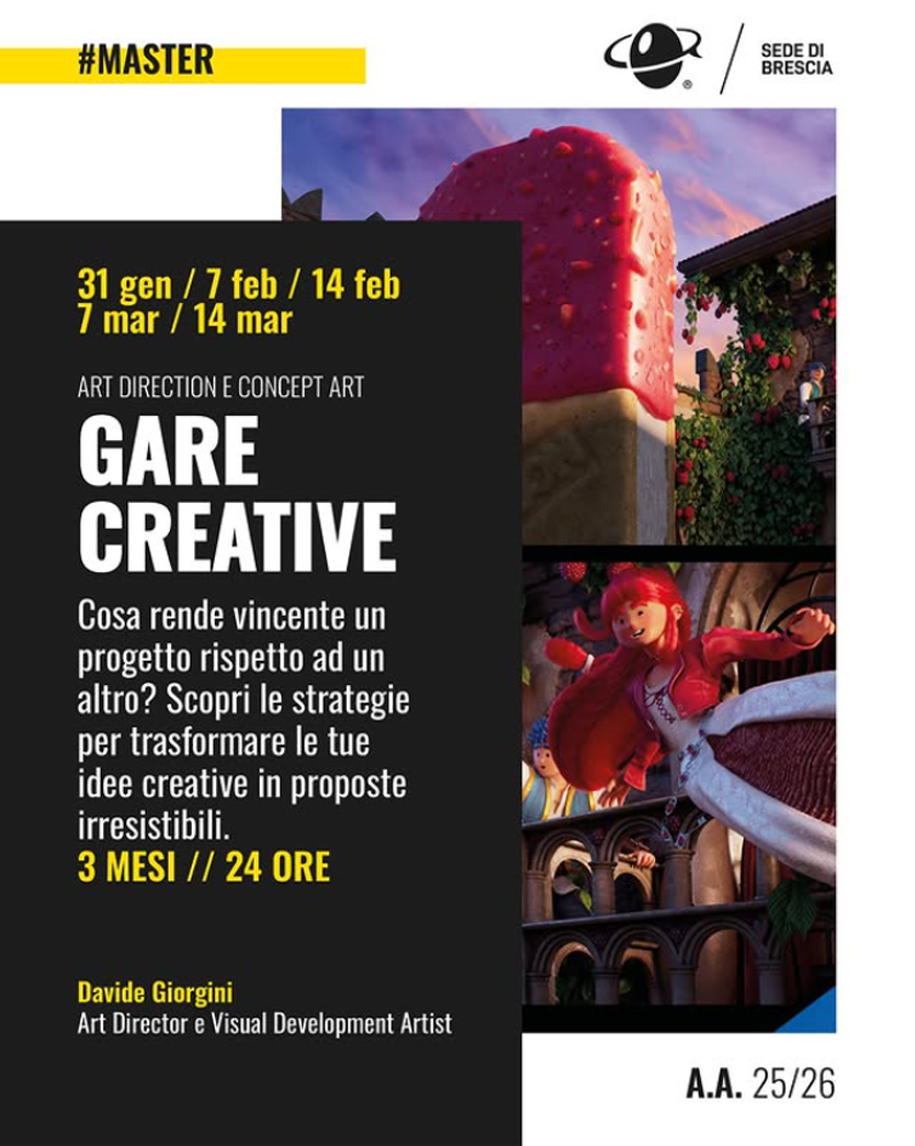 Volantino pubblicitario per un master di arte e concept art, con immagini di una grande rosa di fragola e una scena di animazione con personaggi in un ambiente architettonico storicizzato.