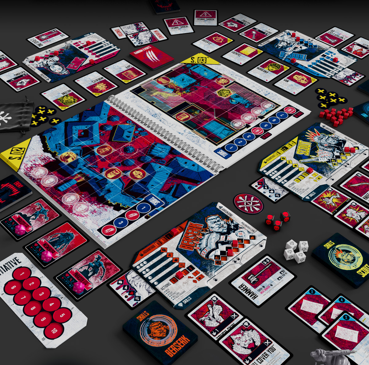 Gioco da tavolo con carte, dadi, pedine e tabelloni con grafica urbana e colori vivaci come rosso, blu e nero.