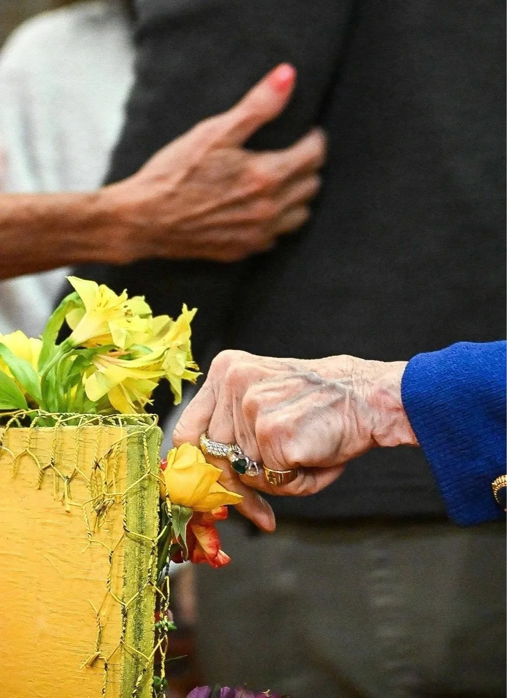 An elderly woman hands a flower to another person, with a yellow bag containing flowers in the foreground and a person in a black top with a dark sleeve in the background.