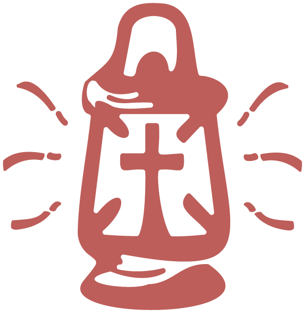 Hand-drawn style vector of a cross inside of a lit lantern, red lineart.