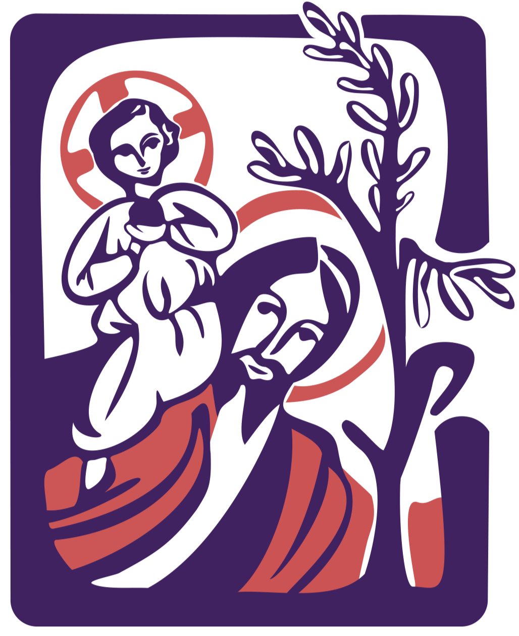 Hand-drawn style vector illustration with purple lineart of St. Christopher carrying  young Jesus. St. Christopher's staff is in the shape of a cross, his cape is red, and he and Jesus have red halos.