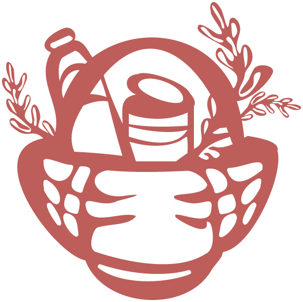 Hand-drawn style vector illustration with red lineart of a water bottle, open can of food, and wheat grains in a woven basket.