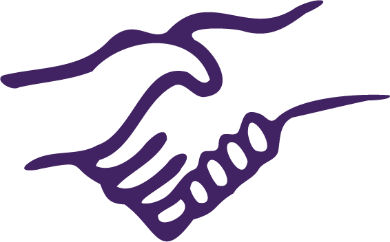 Illustration of two hands shaking, outlined in purple.