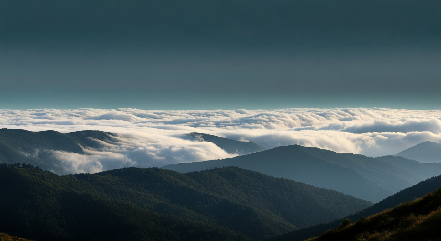 Mountain landscape with lush green hills and a thick blanket of clouds and fog at high elevation.