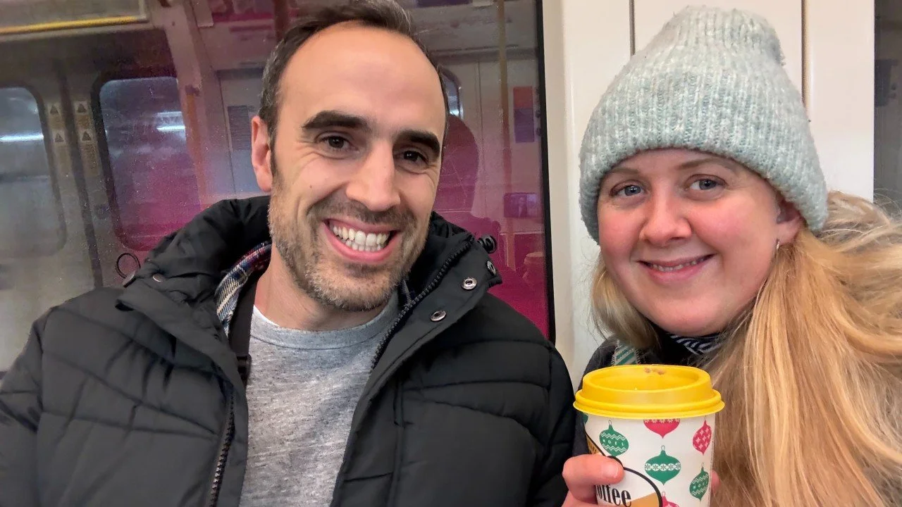 Aidan and Anna enjoy hot chocolate on the tube ride home.