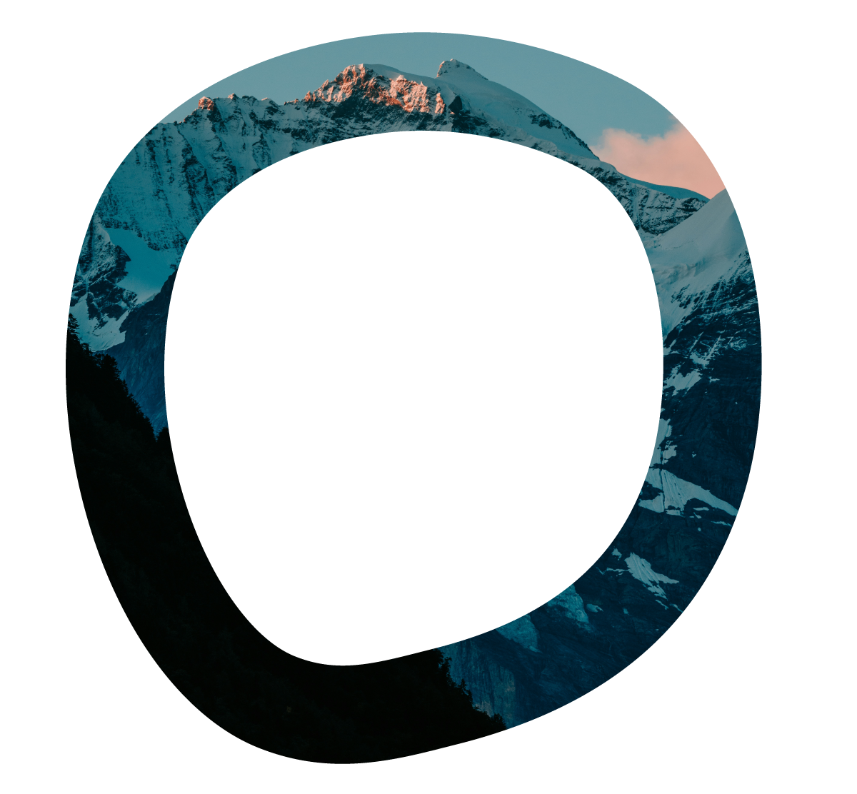 A mountain landscape with snowy peaks and a cloudy sky, overlaid with a red circle and black shape, creating a distorted visual effect.
