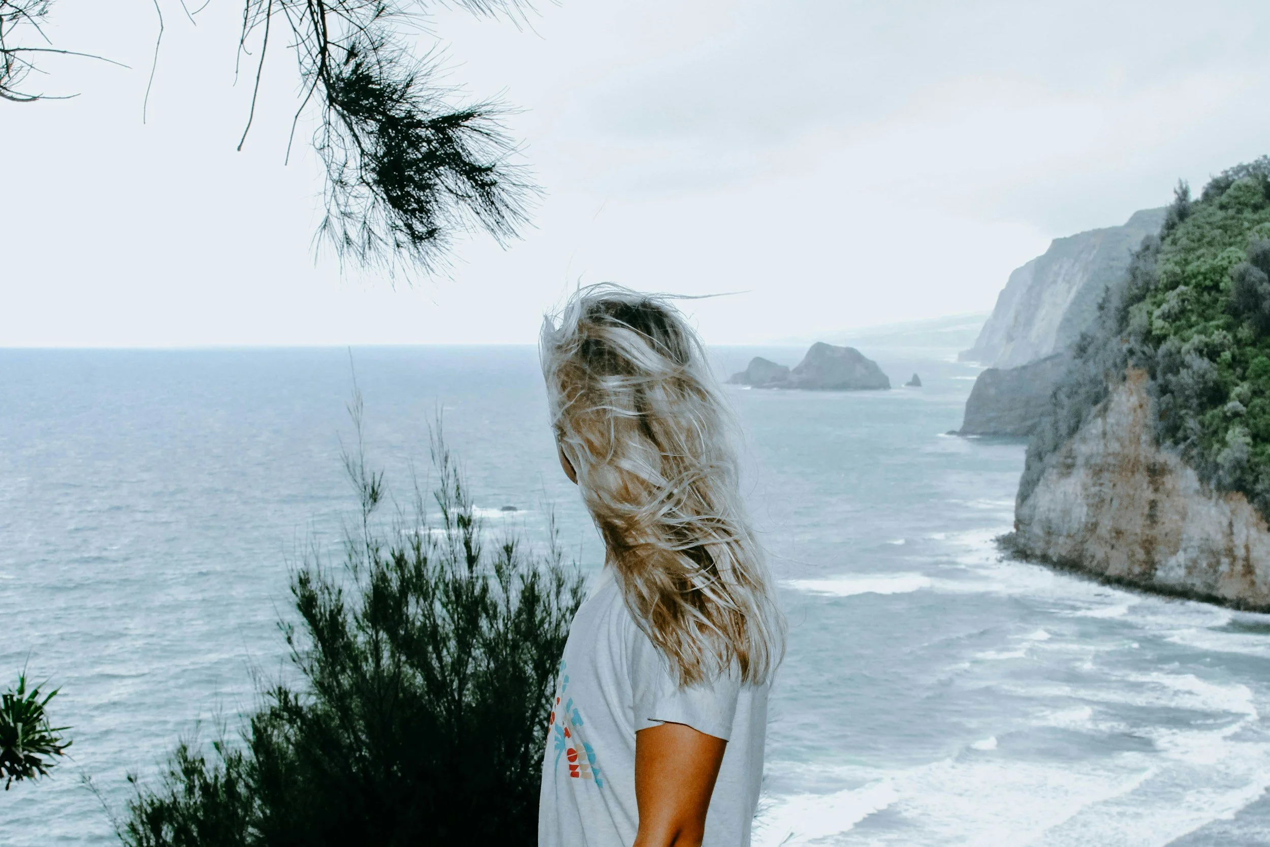 Woman with blonde hair facing away towards the ocean on a cliff, with coastal cliffs and rocky islands in the distance, and trees in the foreground.